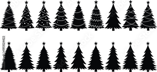 Christmas tree puzzle illustration, decorated festive trees, silhouette matching activity, holiday design concept, seasonal vector artwork, playful comparison game, flat vector illustration