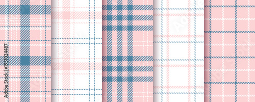 Check seamless pattern. Plaid pink background. Set gingham fabric prints. Tartan shirt cloth. Flannel table cloth texture. Lumberjack tablecloth. Kitchen napkin textile. Vector illustration