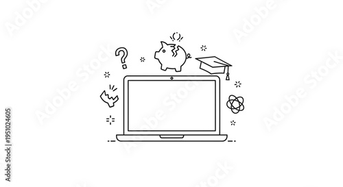 Online Education Savings: Laptop, Piggy Bank, Graduation Cap, Question Mark, Science Icon