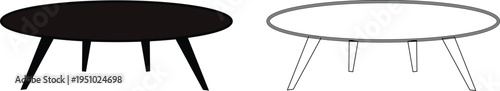 Modern oval coffee table illustration in black and white with simple minimal line style