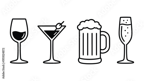 Alcohol Drinks Icons Set – Wine, Cocktail, Beer and Champagne Glass Illustration