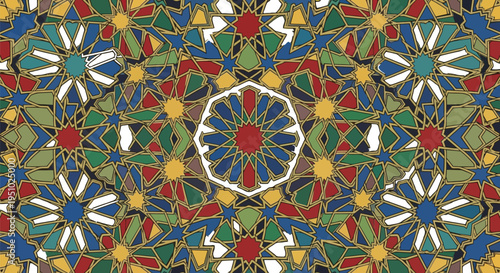 Intricate geometric pattern featuring interlocking colorful stars and polygons typical of Islamic art design