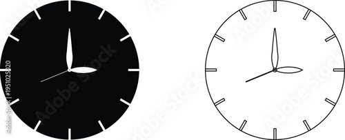 Minimalist black and white analog clock faces showing time isolated on neutral background design concept