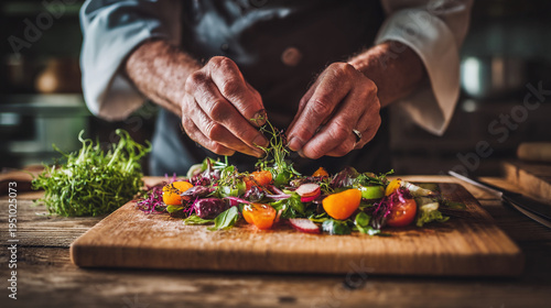 Chef preparing colorful salad with fresh vegetables on wooden cutting board
