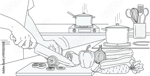 Chef finely slices fresh vegetables on a cutting board near simmering pots in a monochrome kitchen illustration