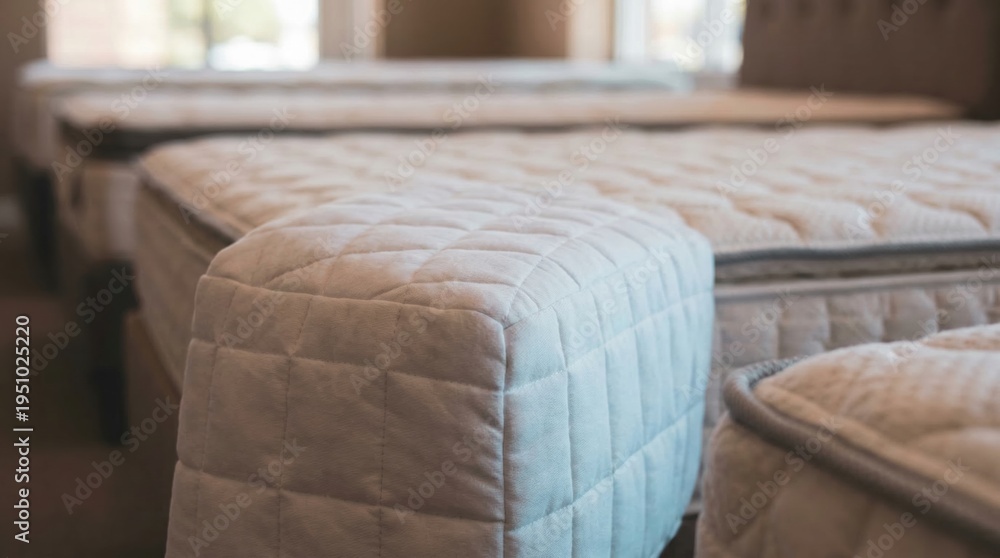 Obraz premium Row of white mattresses in a furniture showroom for retail marketing and consumer sales featuring soft upholstery textures and warm natural light in a store display