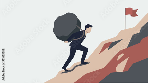 Businessman Carrying Heavy Load Climbing Mountain Representing Challenges and Determination in Professional Success