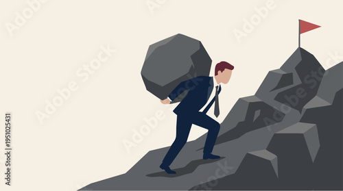 Businessman carrying a large boulder uphill on rocky terrain symbolizing overcoming challenges and striving for success