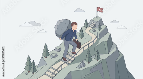 Businessman climbing a mountain with a briefcase and carrying a large rock, symbolizing challenges and perseverance towards success