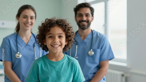 A smiling young boy with curly hair in a hospital room, receiving care from nurses and doctors. A supportive healthcare team promotes children's well-being.