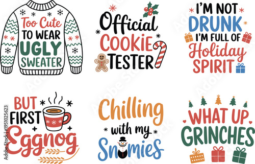 Creative winter holiday lettering with colorful decorative elements isolated on white background