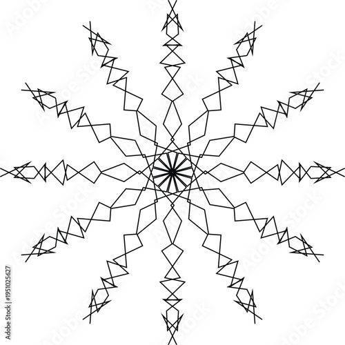 Intricate black line art radial geometric snowflake pattern with repeating diamond shapes and sharp points isolated on a white background creating an artistic symmetrical design element