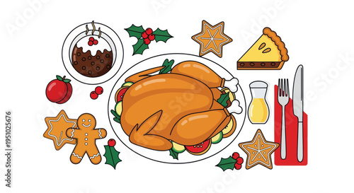Christmas Dinner Feast: Roasted Turkey, Pudding, Pie & Gingerbread Cookies