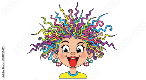 Cartoon Girl With Wild, Colorful Curly Hair Sticking Out Tongue
