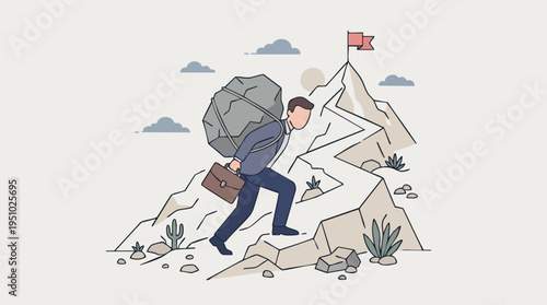 Businessman Climbing Mountain with Backpack and Briefcase Representing Challenges and Goals in Career or Business Success