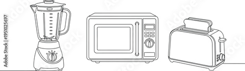 Continuous line art illustration featuring a set of modern kitchen appliances including a blender, microwave oven, and toaster for home cooking.
