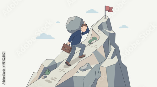 Businessman climbing steep mountain path carrying a heavy rock representing challenges and determination to reach the summit and achieve success