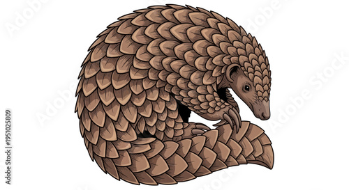 Pangolin curled up in defensive ball, unique scaly mammal, isolated on white background