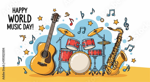 Musical instruments for world music day guitar drums saxophone colorful illustration with music notes and stars
