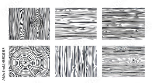 Set of 6 Vintage Wood Grain Textures, Black and White Patterns