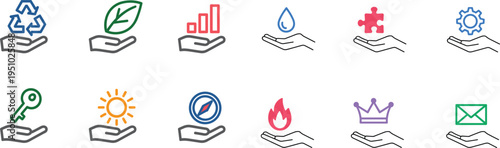 Set of twelve business and ecology icons held in hands vector illustration