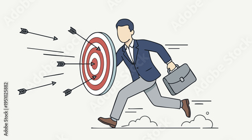 Businessman in a suit running towards a target with arrows hitting the bullseye, symbolizing goal achievement and success in a competitive environment