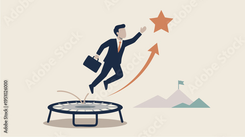 Businessman Jumping on Mini Trampoline Towards Star with Upward Arrow, Symbolizing Success and Growth, in a Motivational Concept Illustration