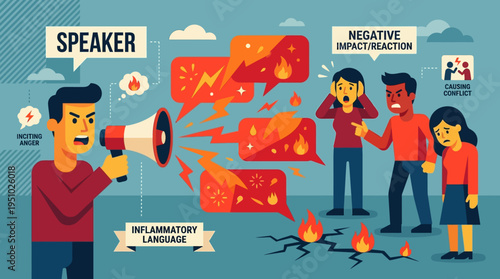 Angry speaker using inflammatory language causing negative reactions.