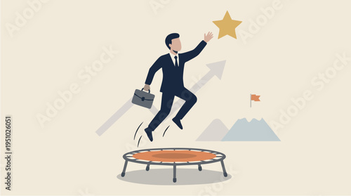 Businessman Jumping on Trampoline Towards Star for Success and Achievement Concept