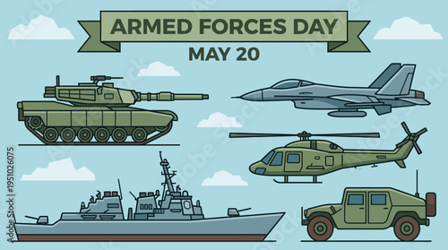 Armed Forces Day May 20th Military Vehicles Illustration.