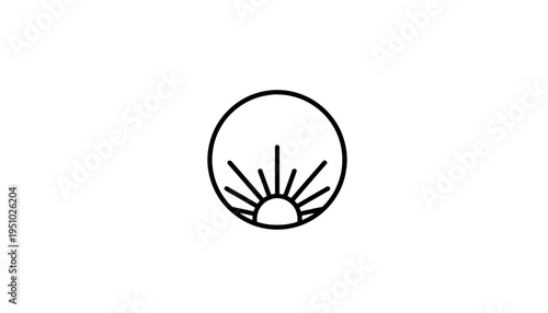 Minimalist Sunrise Icon in Circle, Sun Rays Emerging, Simple Geometric Logo Design