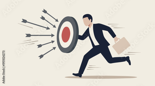 Businessman Running Towards Target with Arrows for Goal Achievement and Success Concept