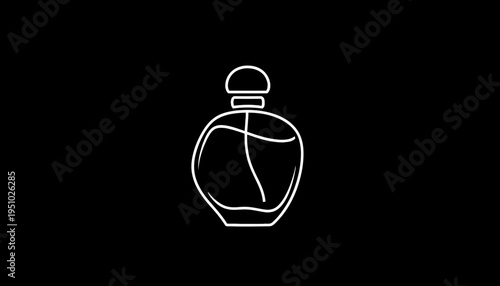 Minimalist white perfume bottle icon on black background, elegant and modern design