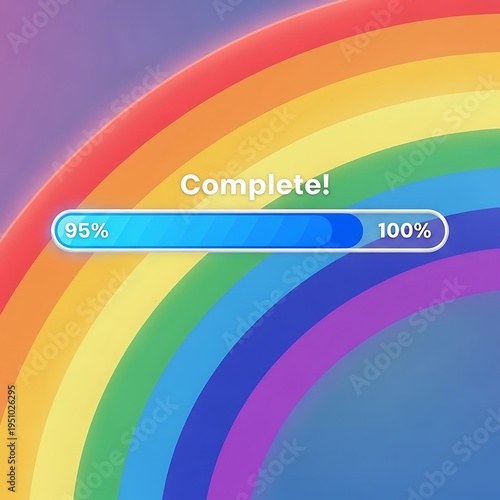 Brightly colored progress bar shows task completion against a vibrant arc background