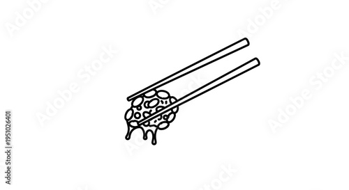 Natto with Chopsticks, Japanese Fermented Soybeans, Sticky and Dripping, Simple Line Art