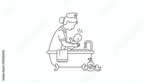 Nurse bathing newborn baby in bathtub, healthcare, hygiene, care, illustration
