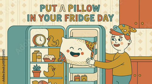 Boy Puts Pillow Into Open Refrigerator.