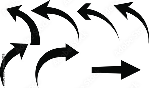 A group of curved and straight black arrows on a white background