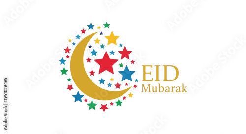 Colorful eid mubarak greeting with a crescent moon and stars a vibrant celebratory silhouette high quality