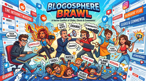 Blogosphere Brawl A vibrant illustration of online debate and social media conflict.