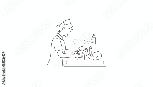 Nurse Changing Baby Diaper on Changing Table with Bottle and Towel