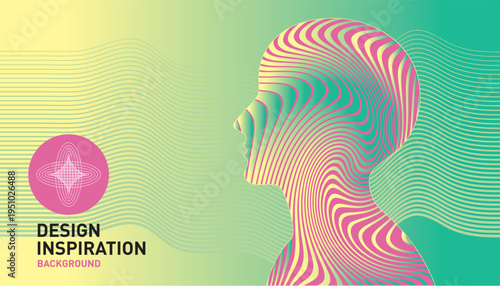 Modern Vector Template on The Theme of Abstract Technologies, Human Brain, Health Monitoring, Artifical Intelligence. Cover Design.  Gradient Waves background in purple colors with Human Head Profile 