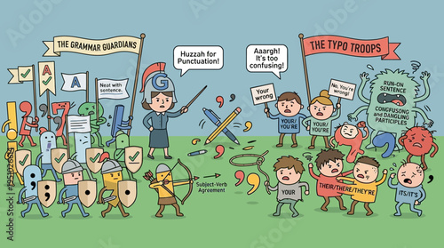Cartoon battle between grammar and punctuation characters.