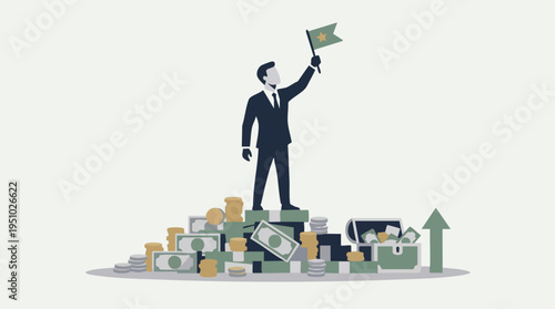 Businessman standing on a pile of cash holding a flag with a star, symbolizing financial success and achievement with increasing growth indicators