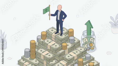 Businessman standing on a pyramid of cash and coins representing financial success and wealth growth with an upward arrow and flag