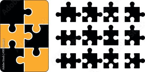 Jigsaw puzzle pieces with one complete set and scattered incomplete pieces