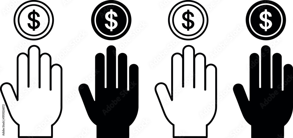 Obraz premium Four hands with coins and dollar signs