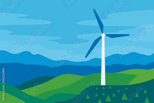 beautiful modern wind turbine on the green mountain nature view landscape background flat color vector illustration template design
