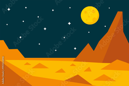beautiful planet surface outer space with rocky mountain and moon nature view landscape background flat color vector illustration template design