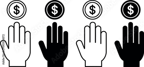 Four hands with coins and dollar signs
